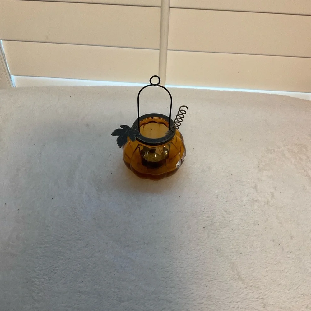 Amber Glass Pumpkin Lantern with Metal Accents